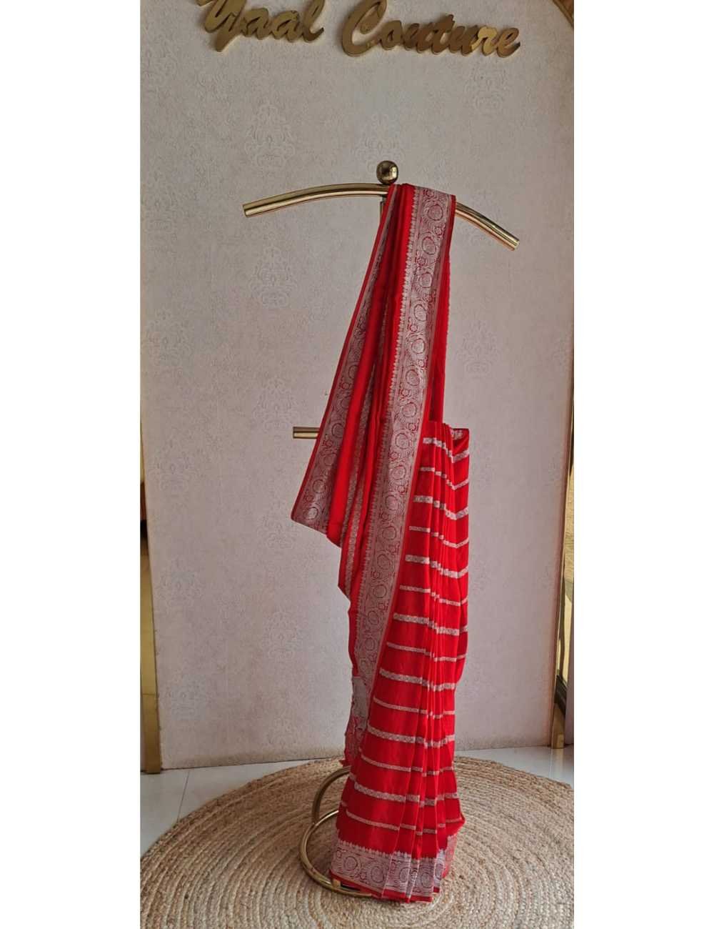 Red Gajji Satin Saree with Silver Zari Border