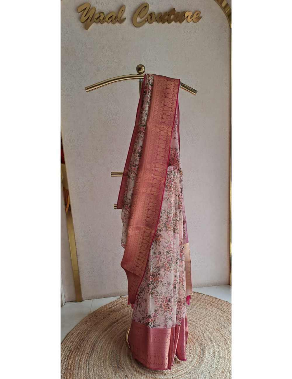 Peach Kota Saree with Floral Prints