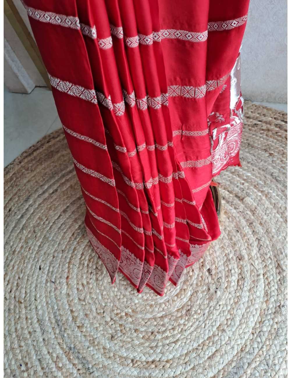 Red Gajji Satin Saree with Silver Zari Border