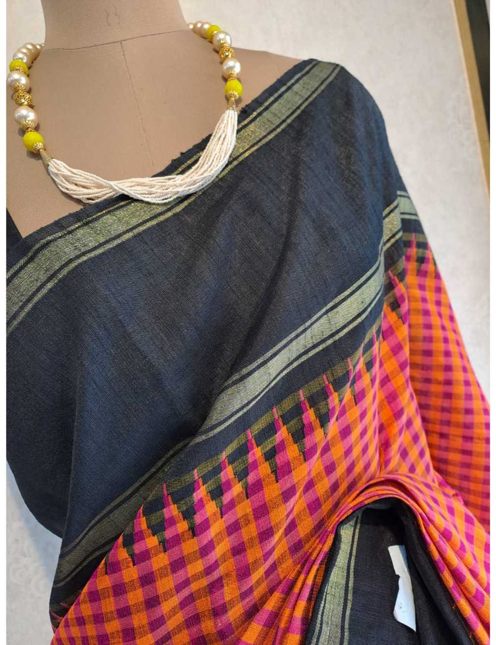 Checked Raw Silk Saree with Black Border