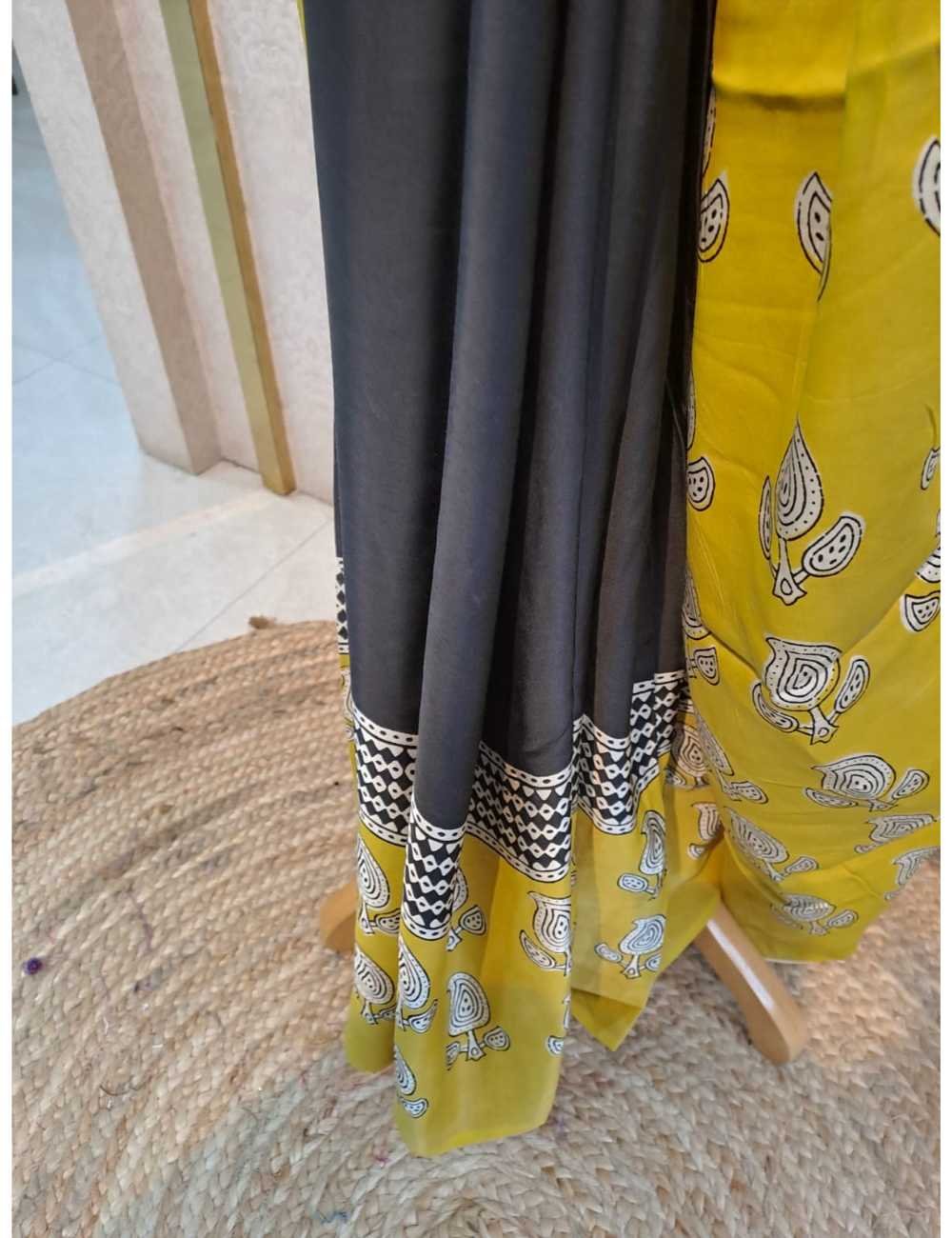 Black and Yellow Modal Silk Ajrakh Printed Saree