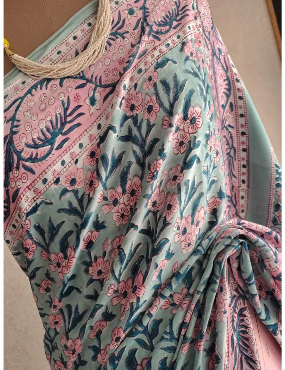 Light Sea Green Modal Silk Ajrakh Printed Saree