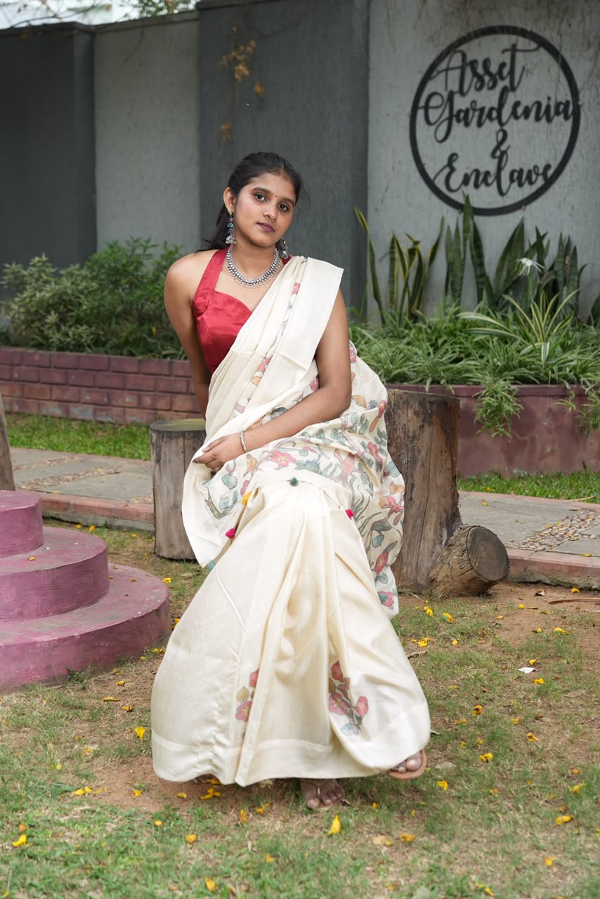 Semi Tusser Silk Saree with Applique Work Checks Design