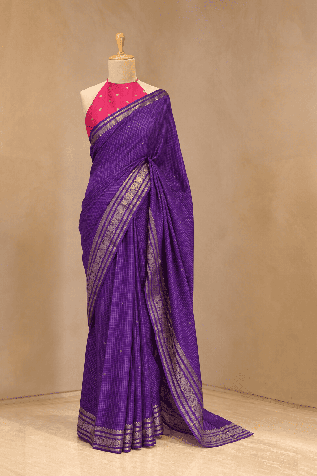 Semi Mysore silk Handloom Purple Saree with Pink Contrast Blouse