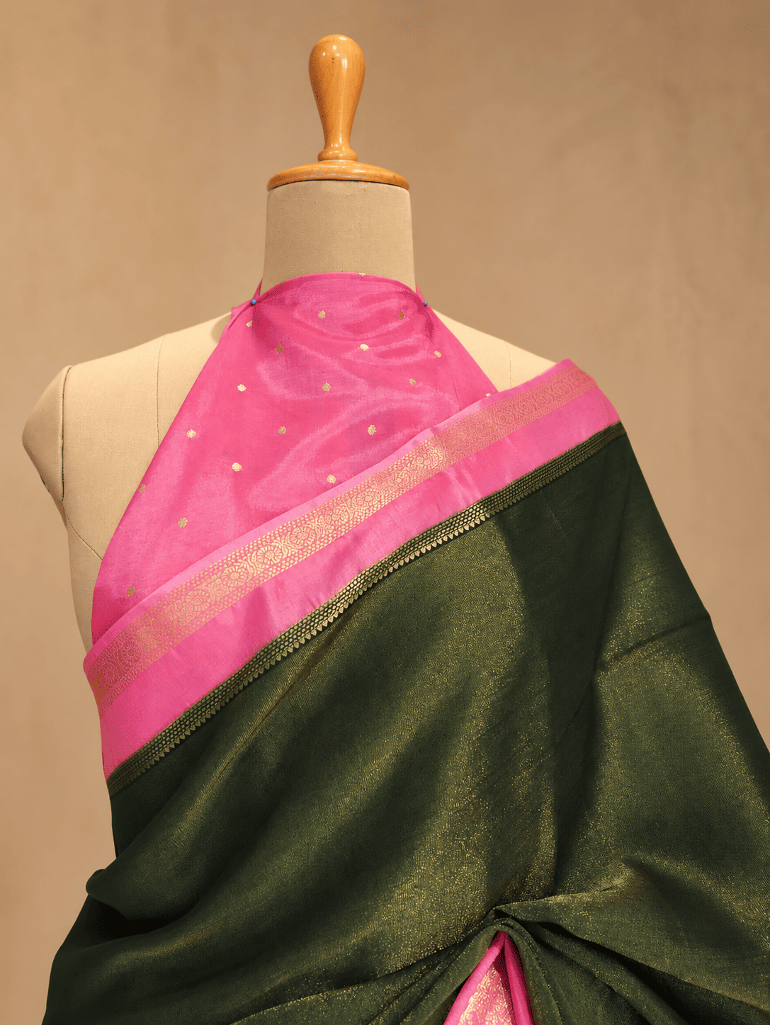 Garuda Berunda Tissue Green Saree with Golden Glitter Body, Pink Border & Pink Blouse