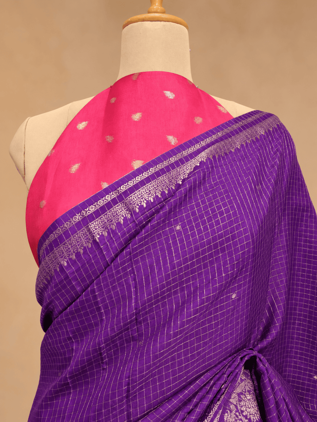Semi Mysore silk Handloom Purple Saree with Pink Contrast Blouse