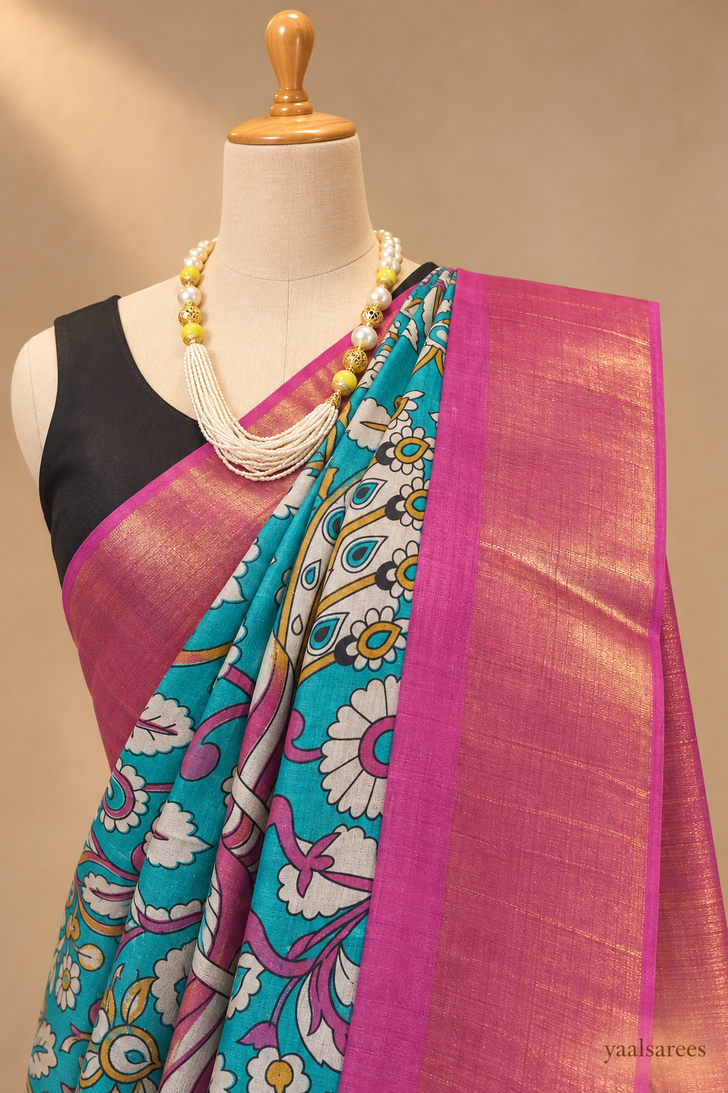 Blue Tassar Saree Kalamkari Print and pink Zari Border