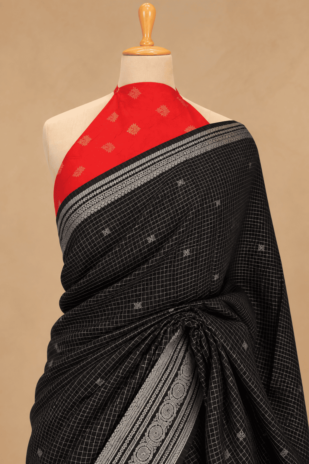 Semi Mysore Silk Handloom Black Saree with Red Contrast Blouse