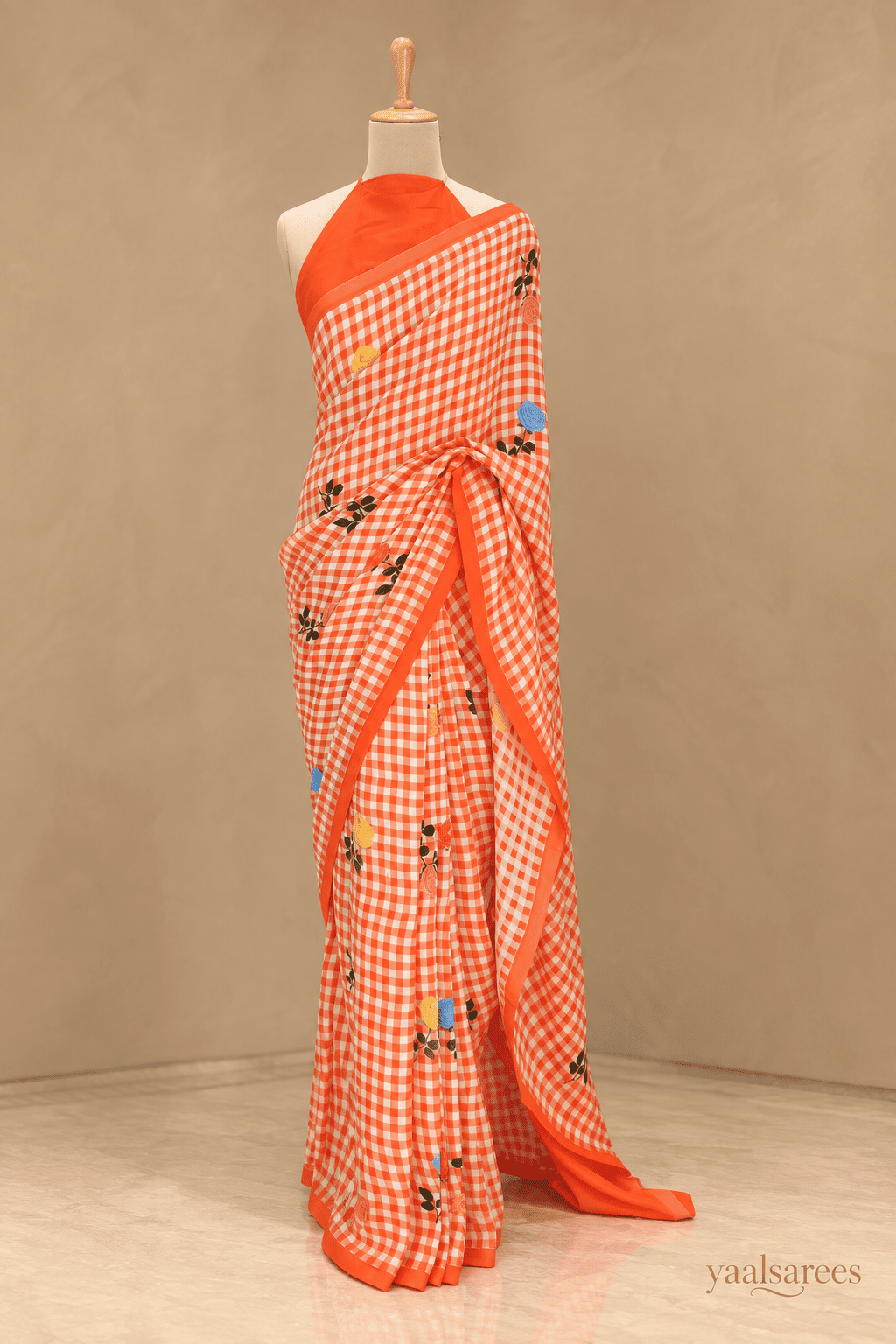 Checks Mangalagiri Orange Saree with Digital Print