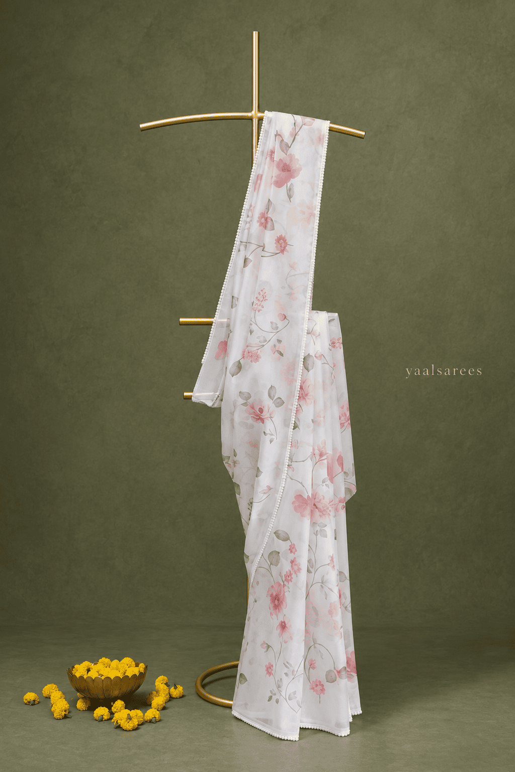 Kota Silk with Crochet Border And Floral Prints in White And Peach
