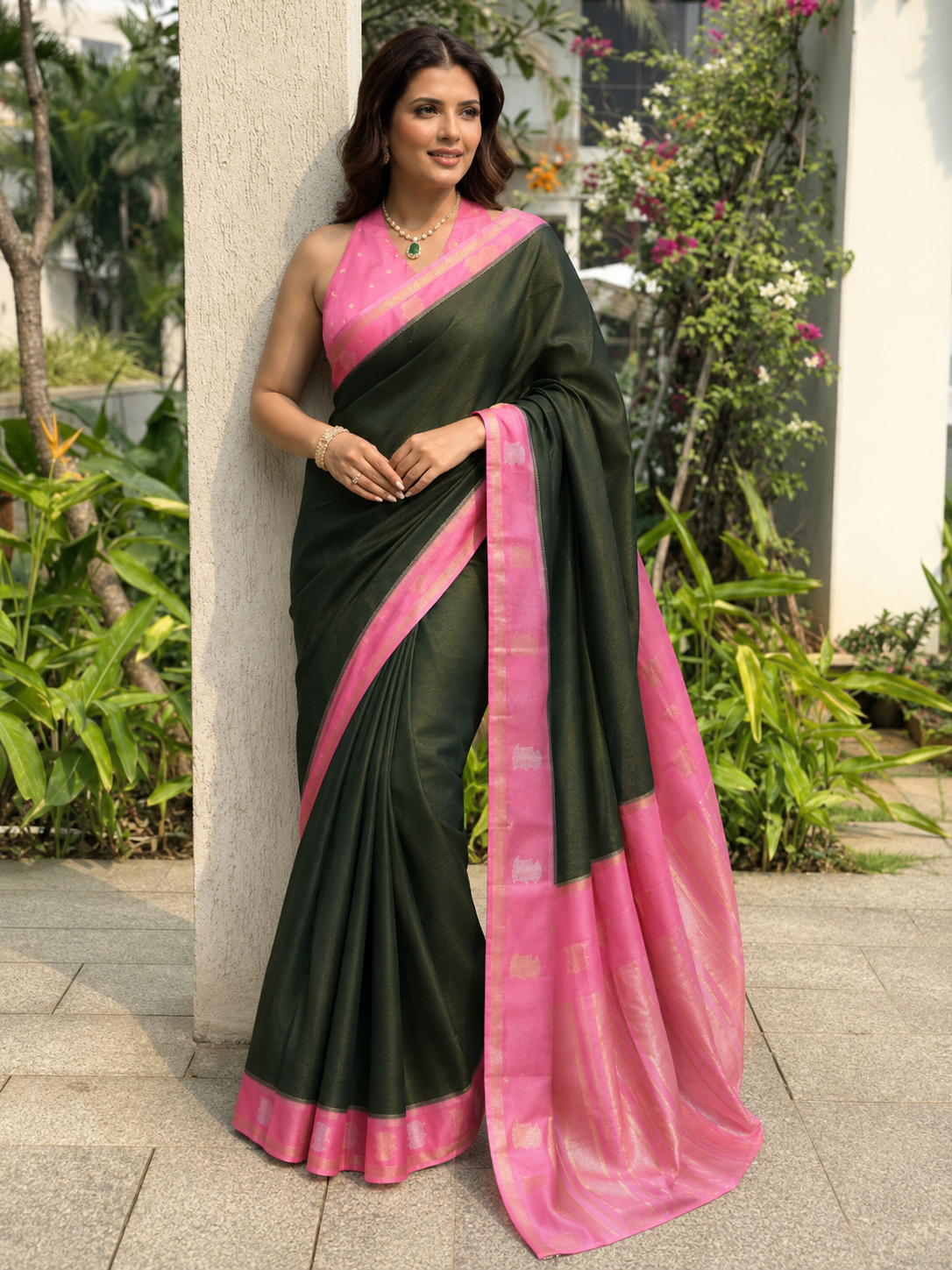 Garuda Berunda Tissue Green Saree with Golden Glitter Body, Pink Border & Pink Blouse
