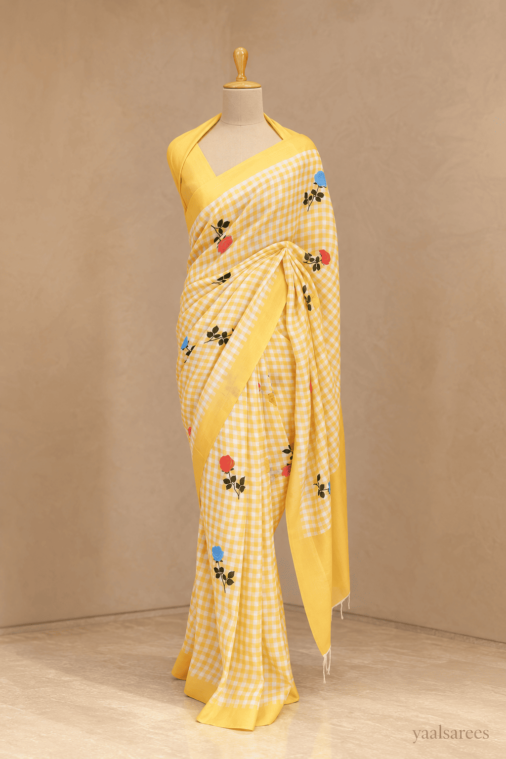 Checks Mangalagiri Vintage Yellow Saree with Digital Print