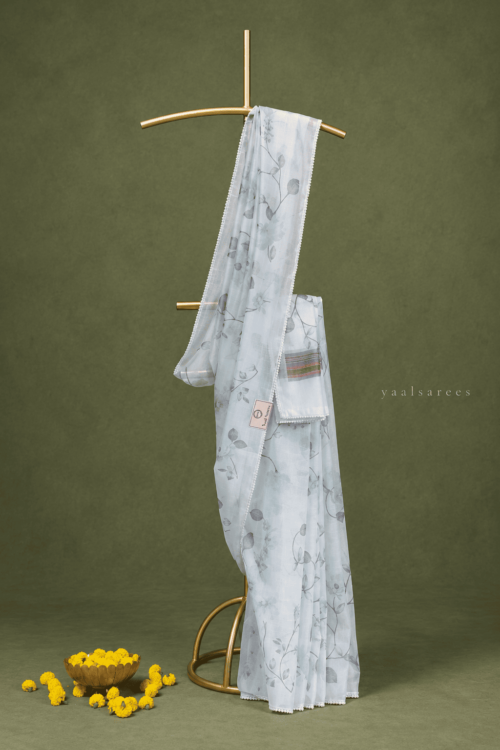 Kota Silk  with Crochet Borderin  Floral Prints White And Green
