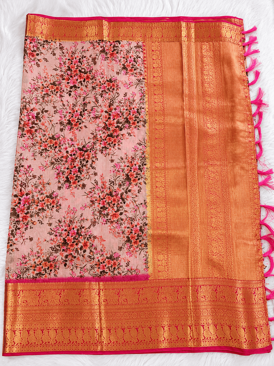 Peach Kota Saree with Floral Prints