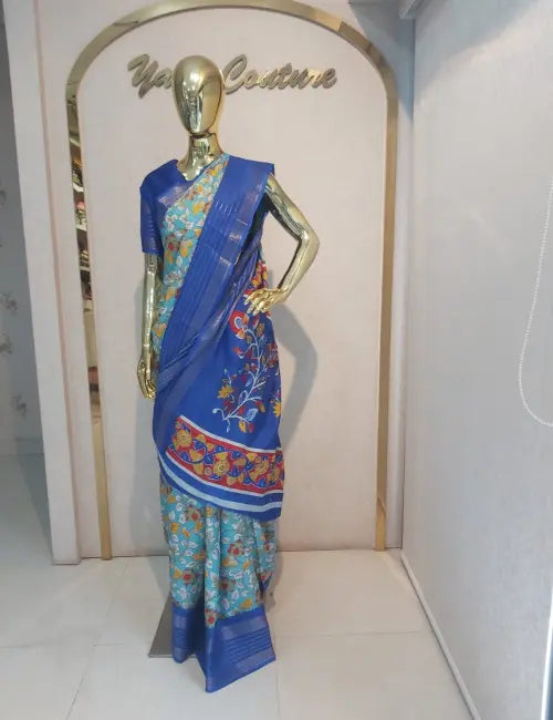 Exquisite Dola Silk Blue Kalamkari Saree