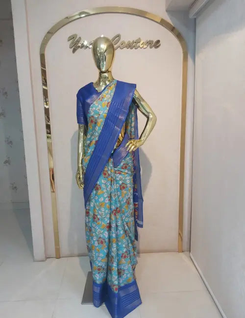 Exquisite Dola Silk Blue Kalamkari Saree