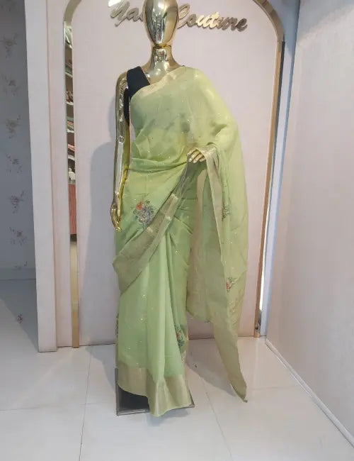 Stunning Green Mirror Work Saree