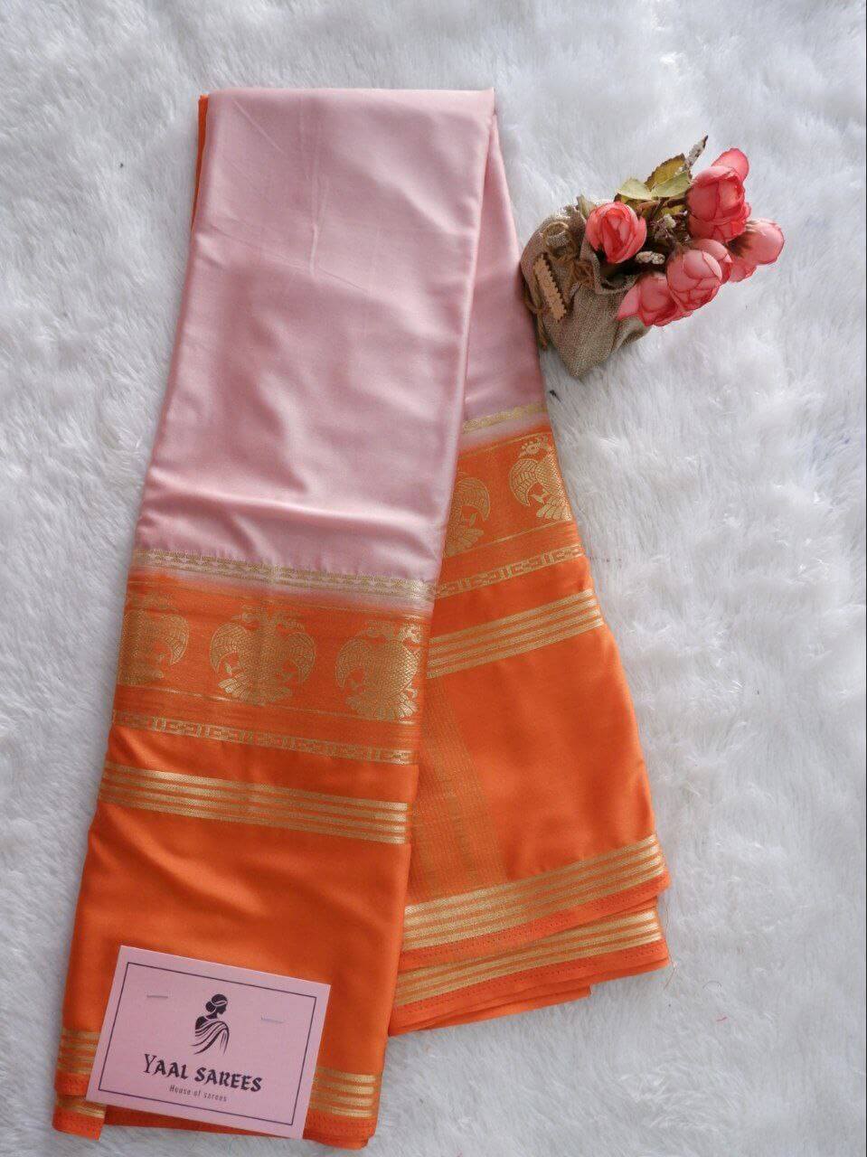 Lightweight Semi Mysore Silk Saree onion pink with Orange Blouse Online