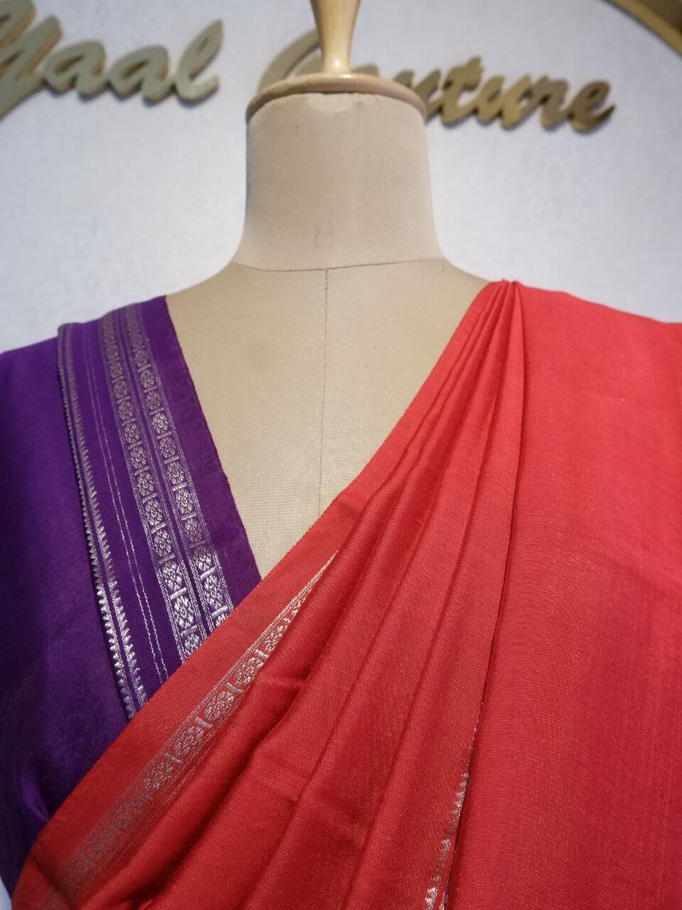 Traditional Assamese Red Saree with Contrast Violet Blouse Online