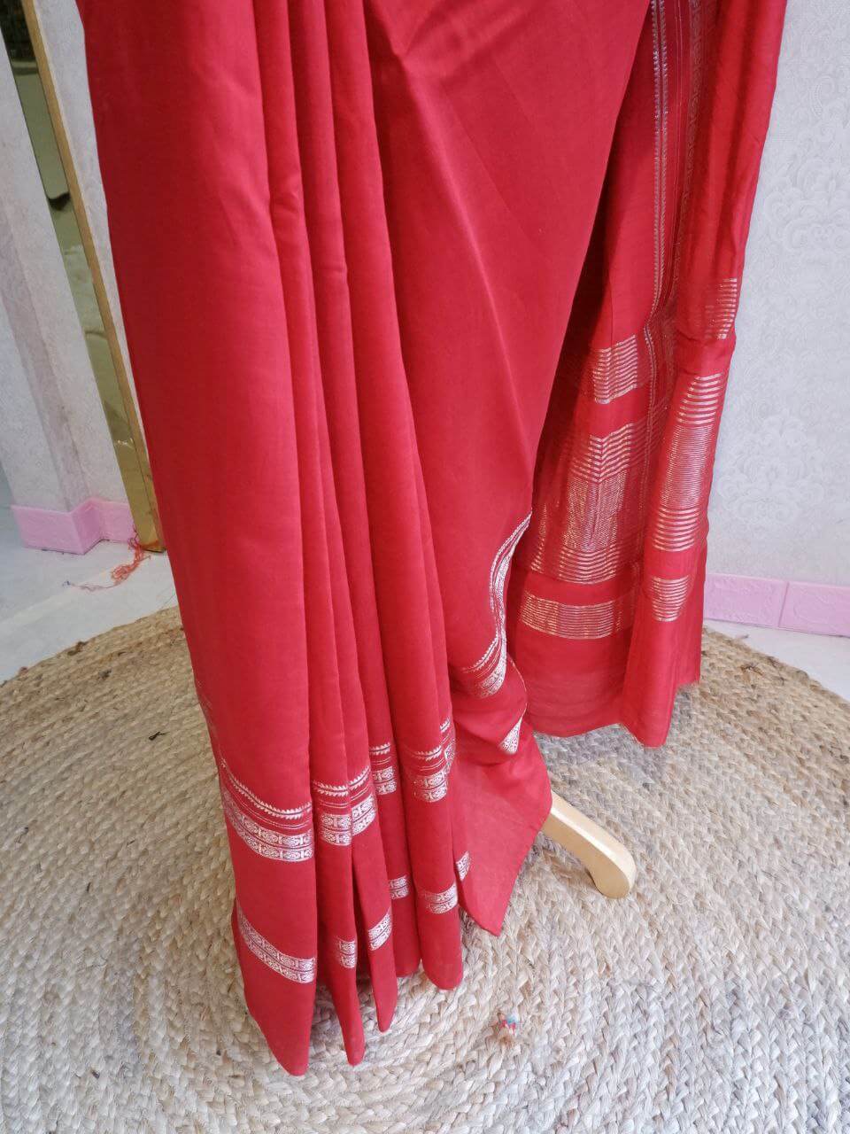 Traditional Assamese Red Saree with Contrast Violet Blouse Online