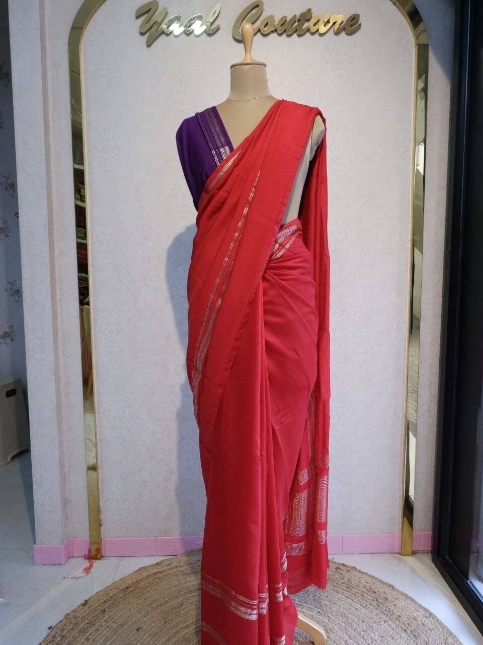 Traditional Assamese Red Saree with Contrast Violet Blouse Online