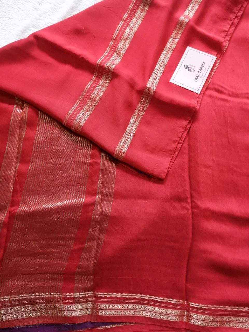 Traditional Assamese Red Saree with Contrast Violet Blouse Online