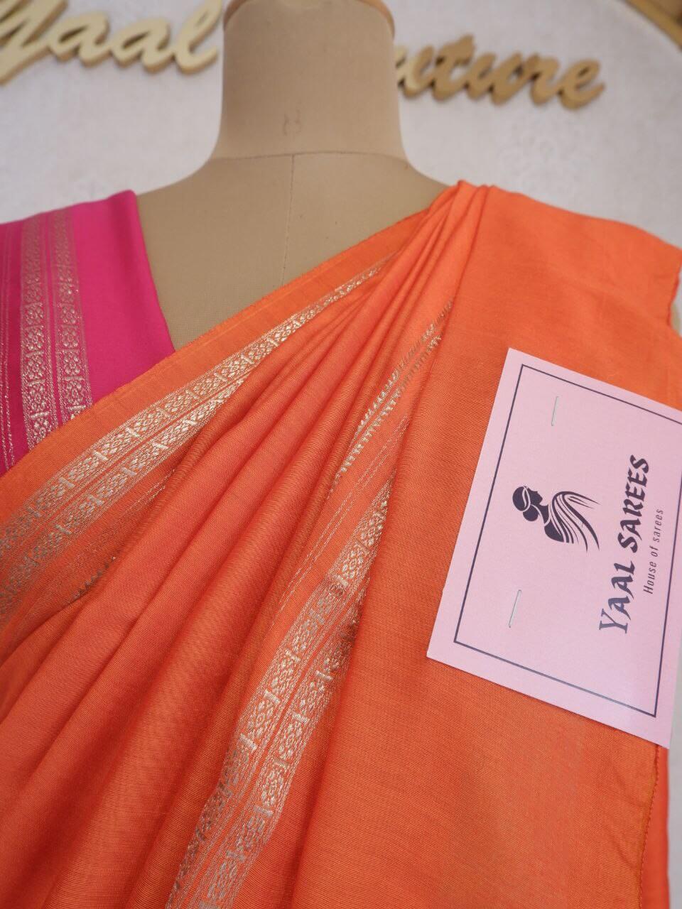 Assamese Handloom Orange Saree with Pink Contrast Blouse Online
