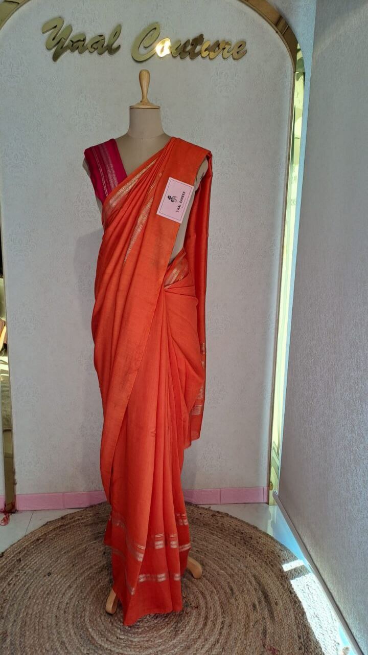 Assamese Handloom Orange Saree with Pink Contrast Blouse Online
