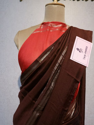 Assamese Handloom coffee brown Saree with Red Contrast Blouse Online