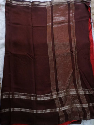 Assamese Handloom coffee brown Saree with Red Contrast Blouse Online