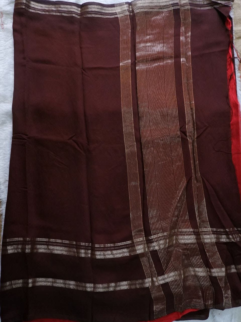 Assamese Handloom coffee brown Saree with Red Contrast Blouse Online