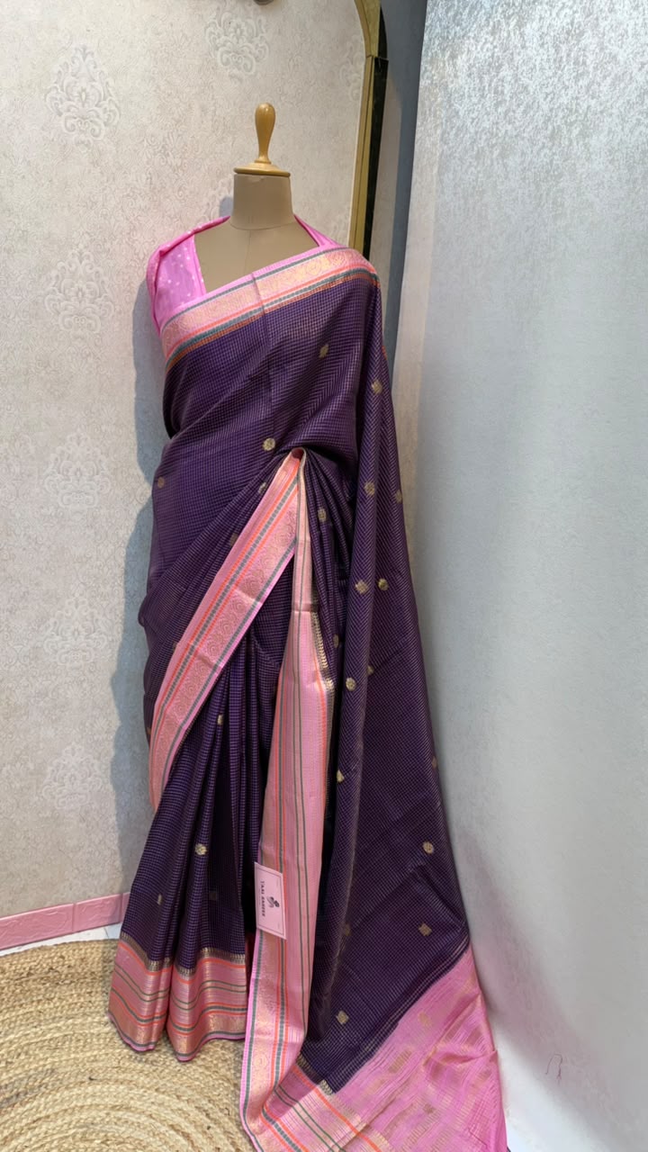 Check crepe with line border  purple  color