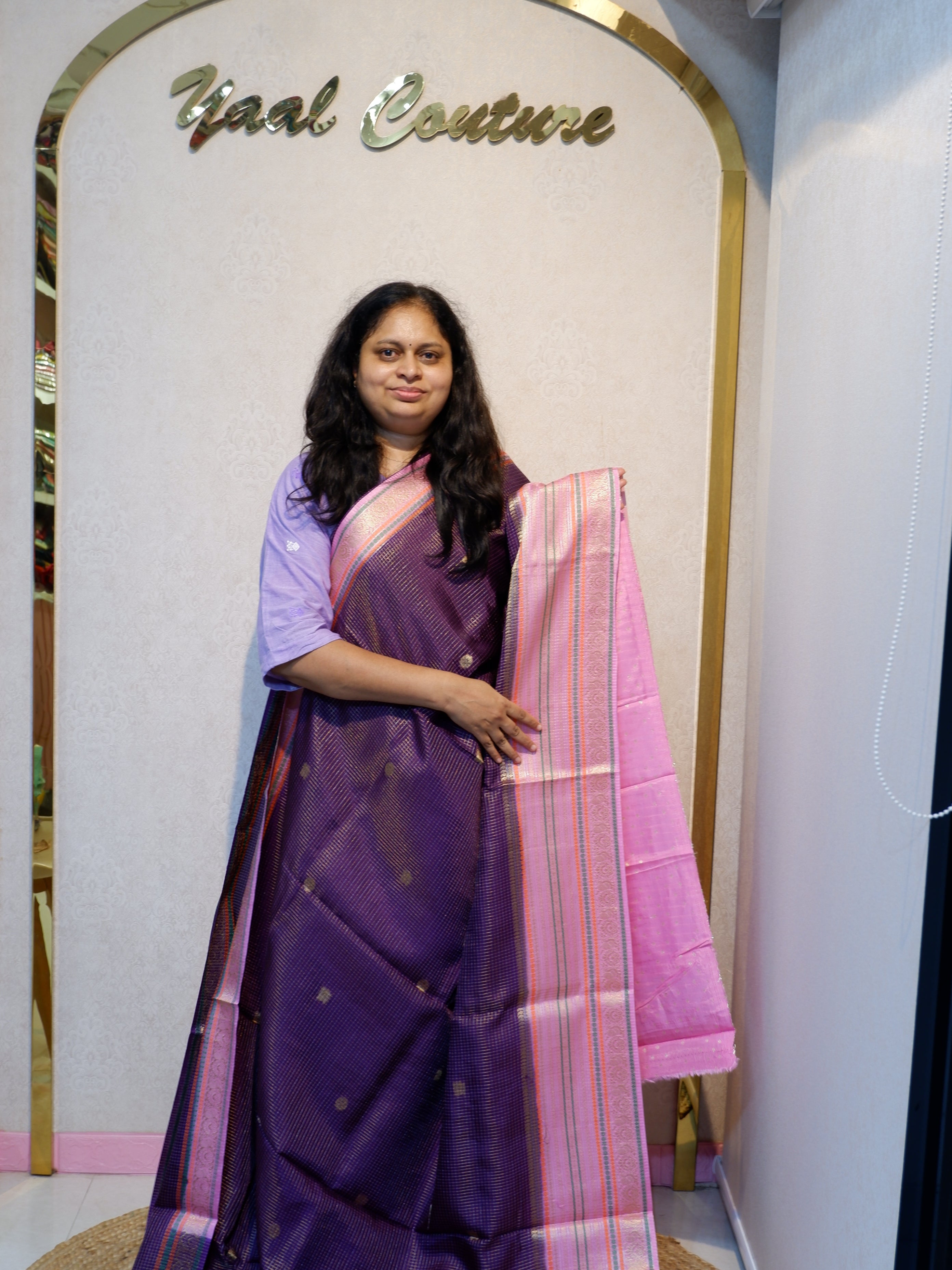 Check crepe with line border  purple  color