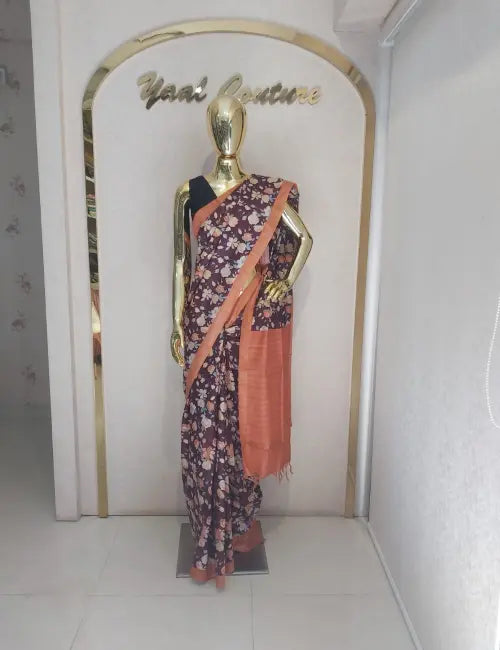 Saptal Brown & Orange Elegant Saree