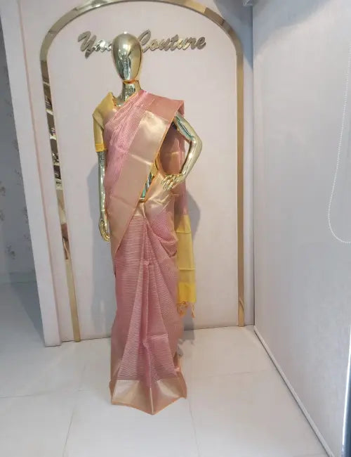 Elegant Tissue Pink & Yellow Saree
