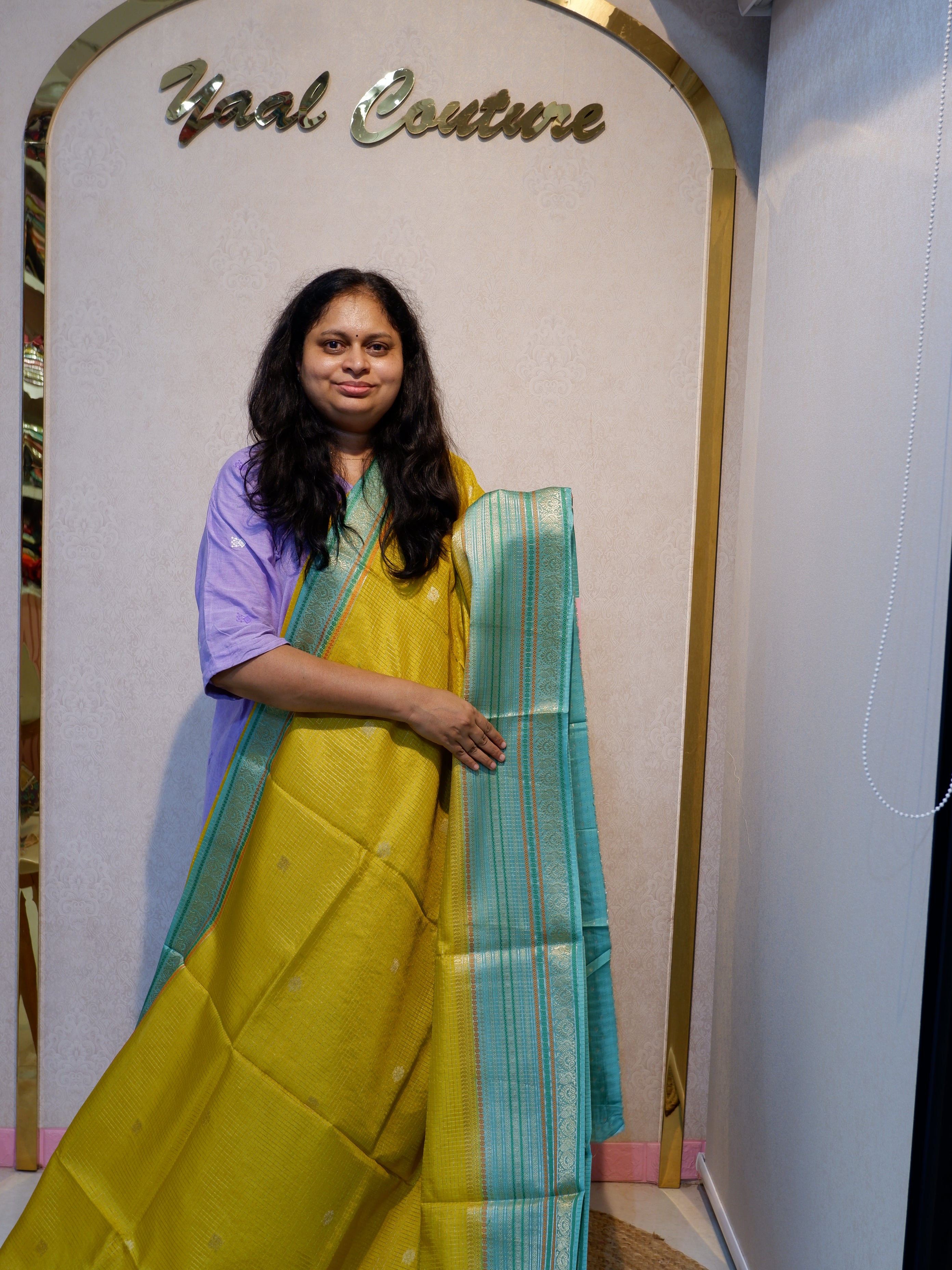Check crepe with line border  purple  color